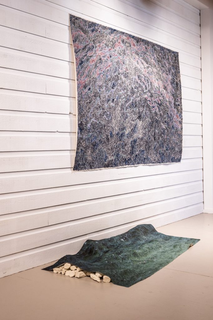 Une toile de format horizontal, oeuvre de l'artiste Karine Locatelli dans l'exposition "Vers la bête lumineuse" qui est présentement au Centre d'Exposition d'Amos.